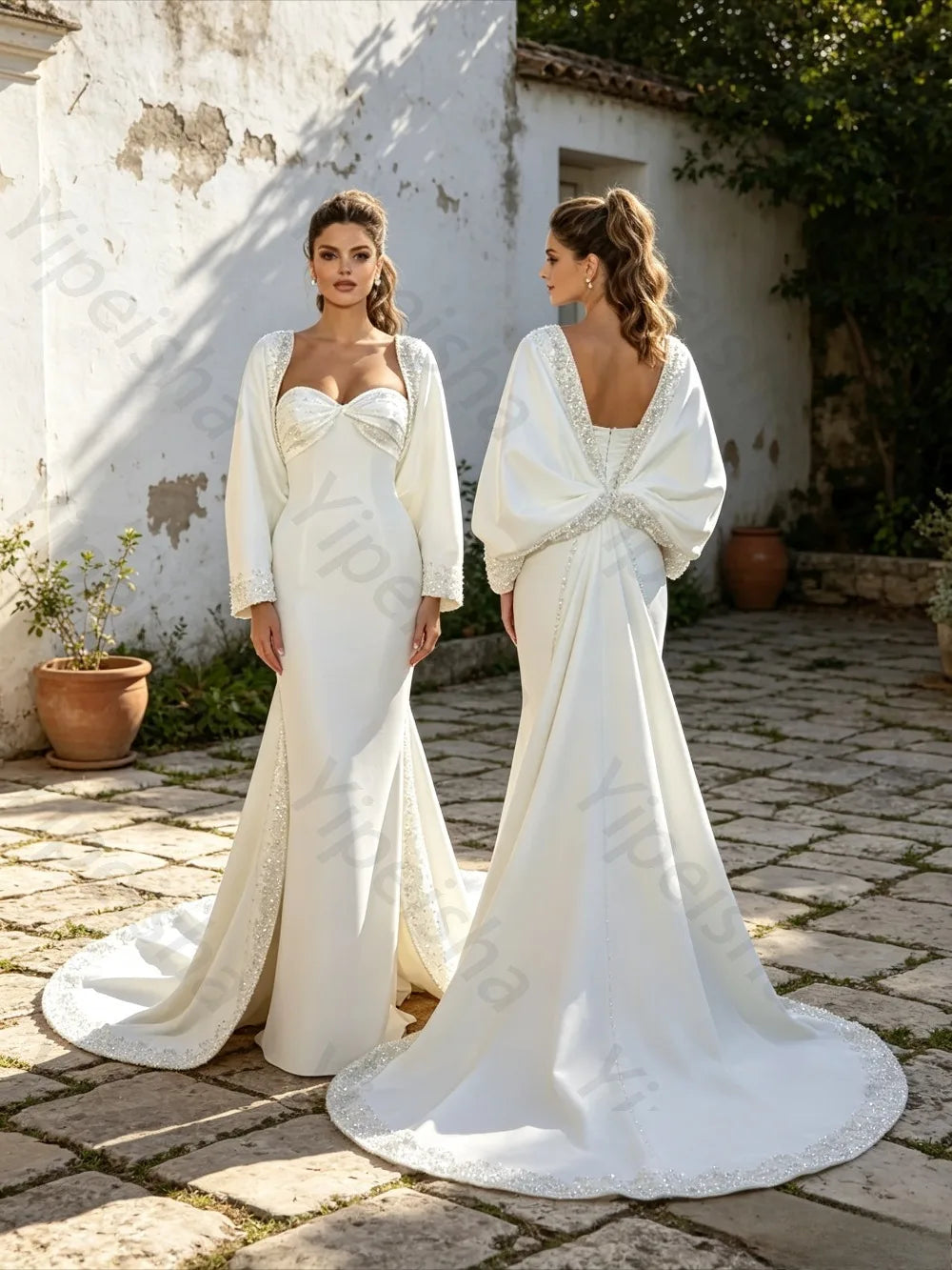 Customized 2026 Luxury Satin Mermaid Wedding Dress Full Sleeve Beaded Sweetheart Neckline Detachable Train Elegant Bridal Gown