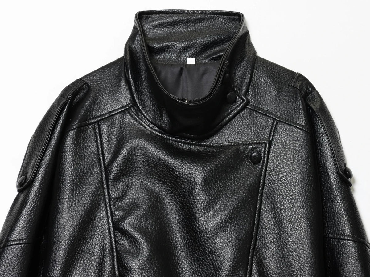 Women's Jacket New Black Long Sleeve Faux Leather Jacket Motorcycle Style Personality Fashion button and Zipper closure traf