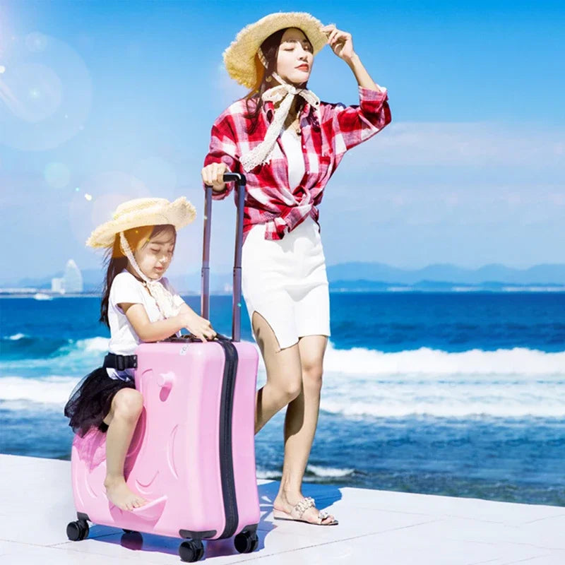 Cute Pony Cartoon Suitcase for Children Can Sit and Ride Carry on Kids Luggage Baby Trolley Case Boarding Cabin 20 Inch