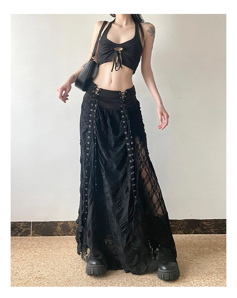 Gothic Long Skirt Bandage Lace Mesh Patchwork High Waist A Line Drawstring Split Black Skirt Irregular Aesthetic Female Fashion