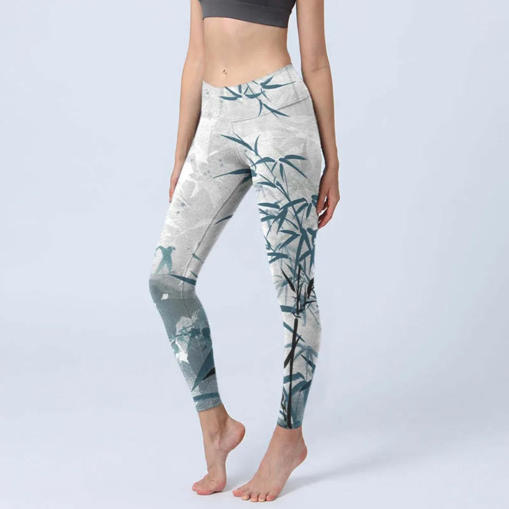 Women High Waisted Yoga Pants Tummy Control Leggings Floral Butterfly Landscape Printed Workout Gym Fitness Running Tight Pants
