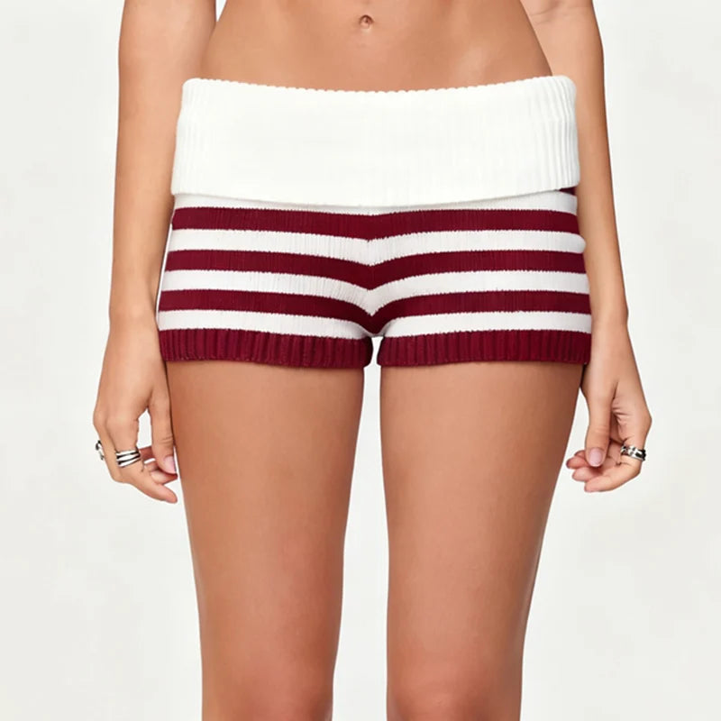 Women Striped Knit Micro Shorts Summer Fold Over Elastic Waist Slim Fit Mini Bottom Y2k Lounge Sweater Shorts Holiday Beachwear