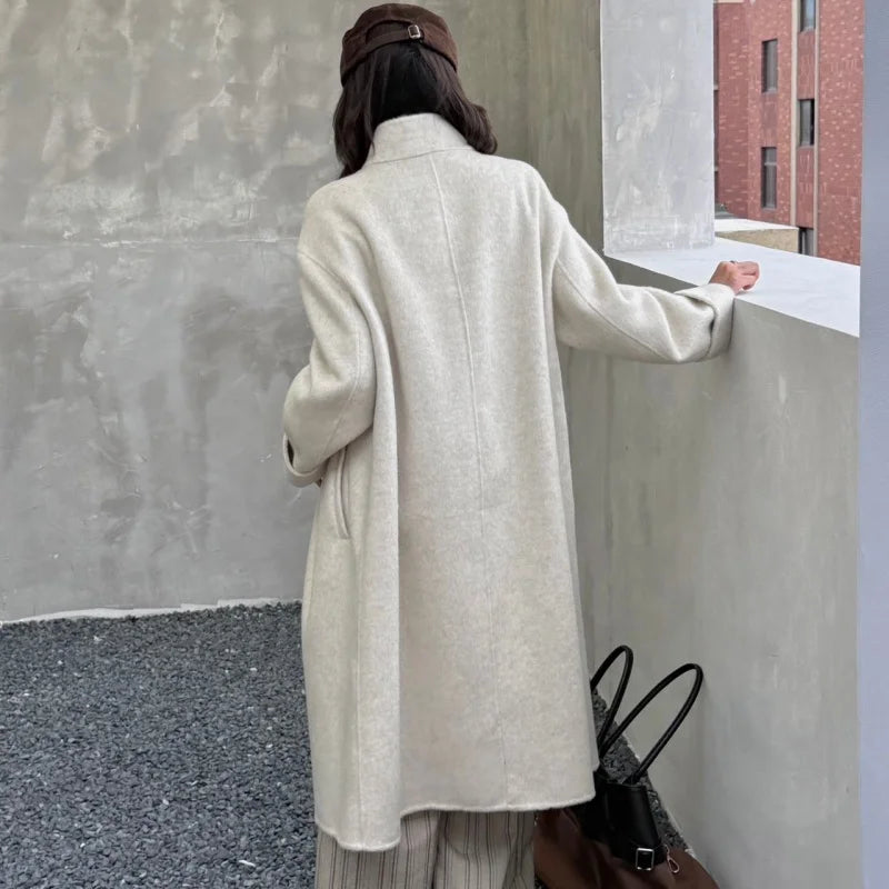 Ladies' 100% wool coat, high-end slimming stand up collar, double breasted loose long woolen coat, autumn and winter bestseller