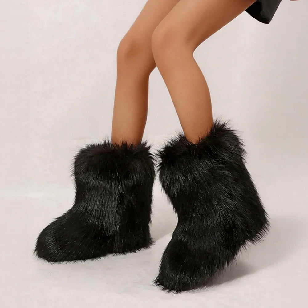 Y2K Faux Fox Fur Snow Boots Winter Shoe Women's Fluffy Faux Fox Fur Boots Woman Plush Warm Snow Boots Luxury Footwear Girls' Furry Fur Bottes Fashion