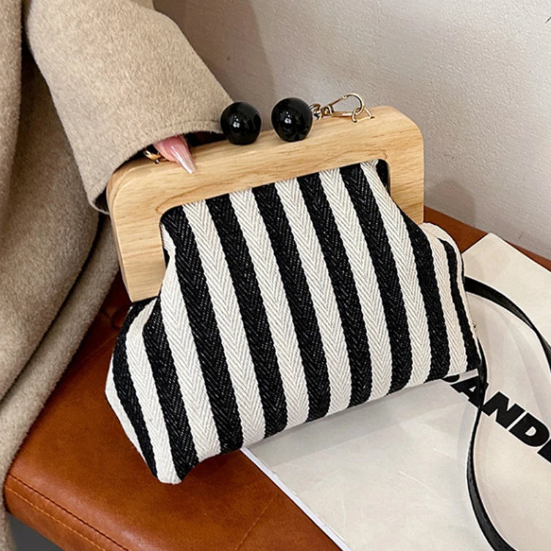New Black Stripe Canvas Wooden Clip Bag Women Bag Fashion Shoulder Bag Crossbody Bag