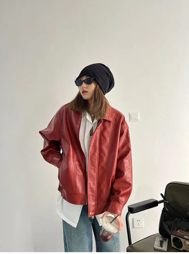 Punk Vintage Red Leather Jacket Women Streetwear Moto Biker Zipper Leather Jacket Female Winter High Street Chic Leather Coat