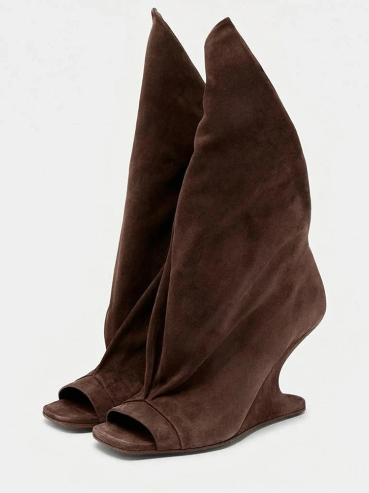Runway Style Women Peep Toe Tall Boots Sculptural Wedge Heel Draped Pleated Upper Trendy Evening Statement Fashion Footwear