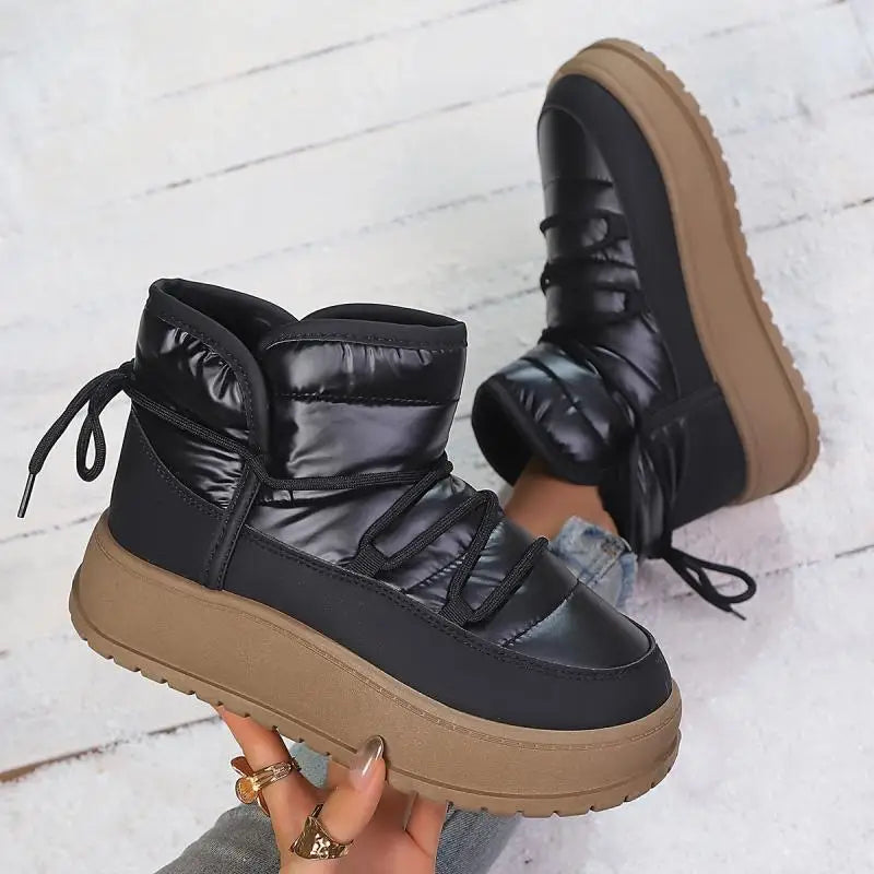 Comfort Platform Waterproof Snow Boots Women 2026 Winter Lace Up Decoration Thick Bottom Moon Boots Women Plush Short Booties