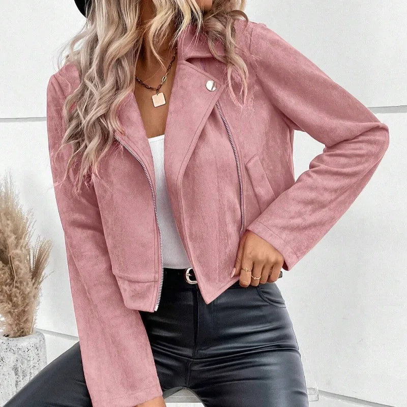 Women's Suede Faux Leather Jacket Autumn Zip-Up Moto Short Coat Lapel Collar Slim Fit Winter Outer Streetwear Casual Wear