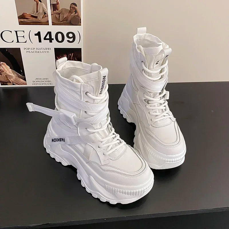 Fashion Platform Ankle Boots for Women Chunky Thick Sole Lace Up Motorcycle Boots Ladies Light Cozy Non-slip Shoe Botas De Mujer