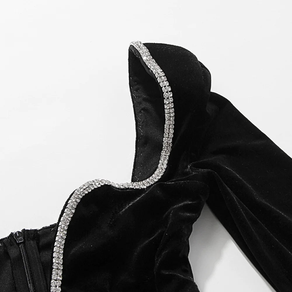 Mozision Long Sleeve Sexy Deep V Neck Wired Diamante Crystal Padded Should Bodycon Outfits Women Winter Velvet Party Dress