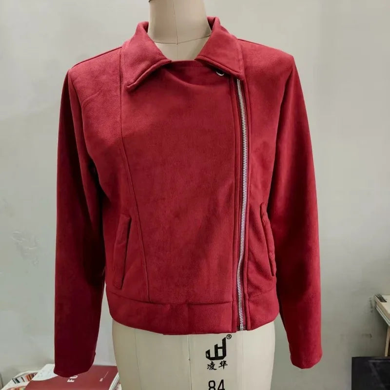 Women's Suede Faux Leather Jacket Autumn Zip-Up Moto Short Coat Lapel Collar Slim Fit Winter Outer Streetwear Casual Wear
