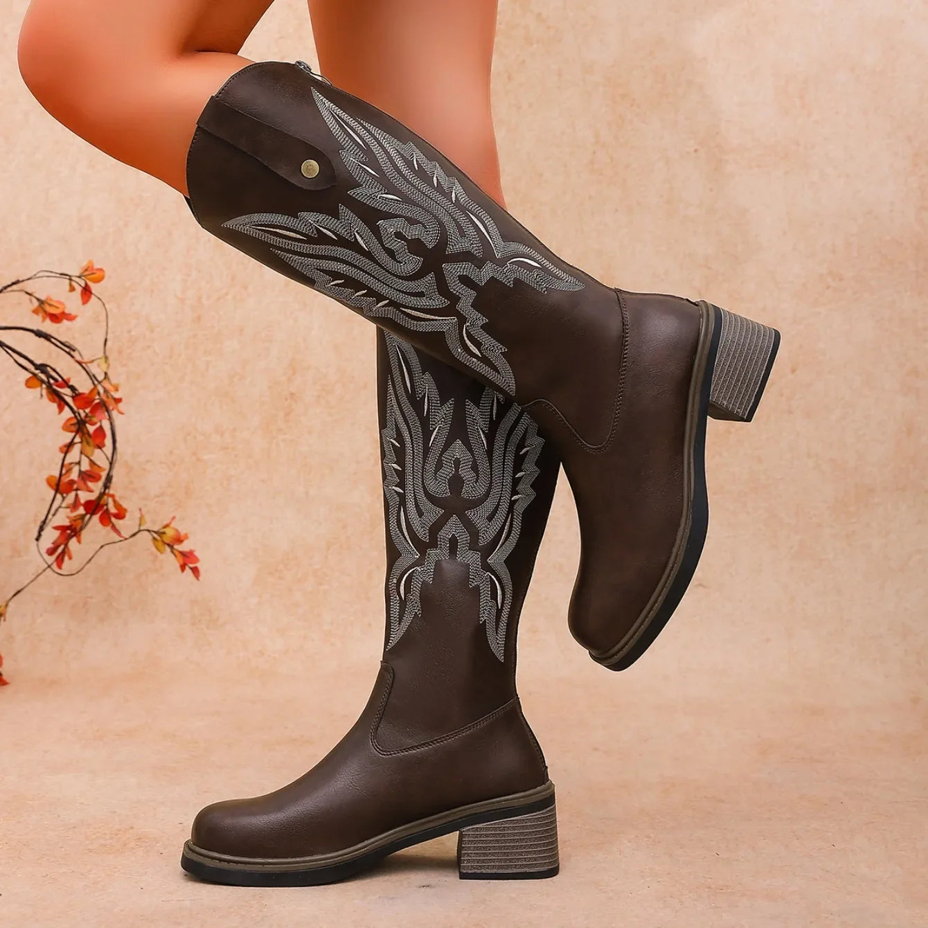 Retro Embroidery Knee‑high Western Cowboy Style Boots Women Chunky Heel Comfortable Spring Autumn Large Size Back Zip Daily Wear