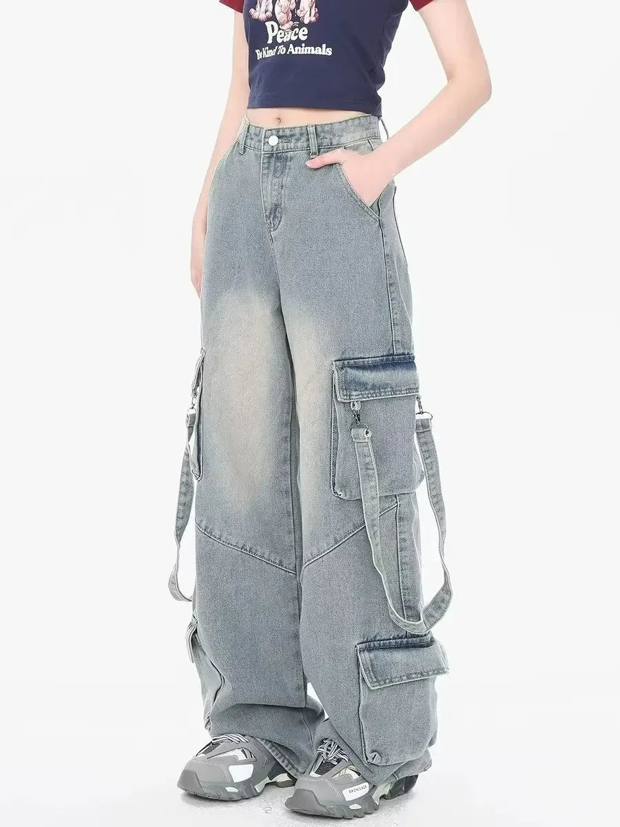Cargo Straight Full Length Distressed Men Jean Spliced Loose Fit Washed Vintage Denim Pants High Waist Pockets Patchwork