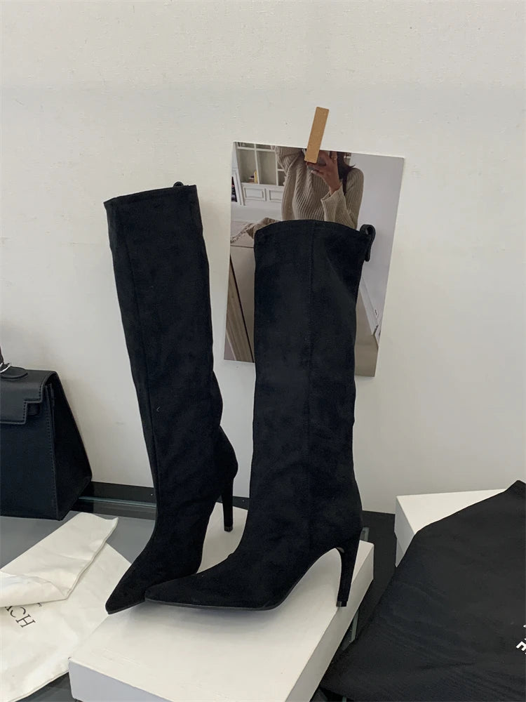 Aneikeh Fashion Winter Pointed Toe Knee-High Women Boots Thin Heels Shoes Female Punk Long Booties Zapatos De Muje