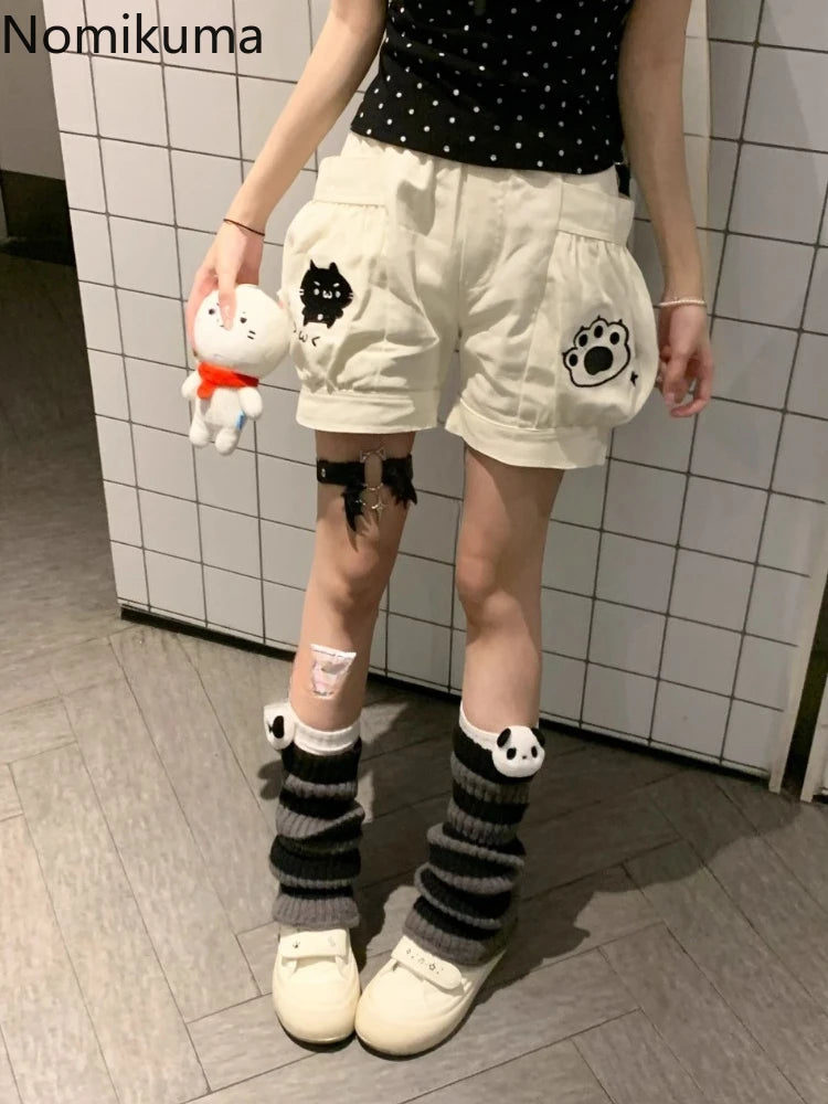 Cute Japanese Shorts for Women Cartoon Embroidery Pockets Black Shorts 2025 New Tottoms Casual Chic Pantalones Cortos De Mujer