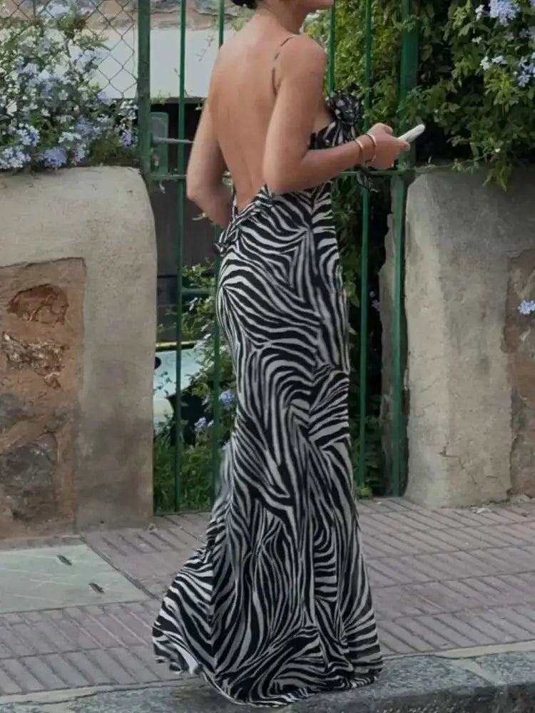 Fashion Print Backless Women Long Dress Elegant Sleeveless Spaghetti Strap Bodycon Dresses Female Evening Party Beach Robe