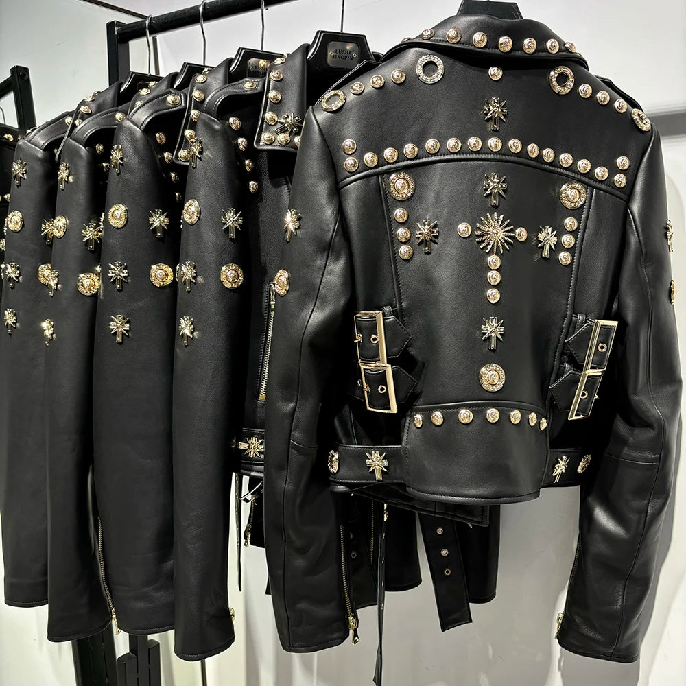 Women Stylish Gold Rivet Real Leather Jacket High Glossy Genuine Leather Asymmetrical Zip Biker Jacket