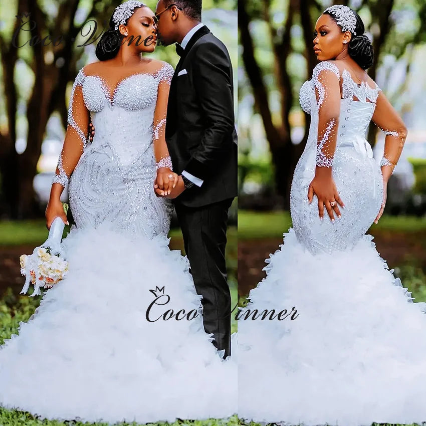 Customized Africa Luxury Mermaid Wedding Dress For Women 2026 New Long Sleeves With Heavy Beading Sequin Lace Bride Dress W1381