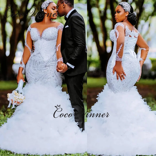 Customized Africa Luxury Mermaid Wedding Dress For Women 2026 New Long Sleeves With Heavy Beading Sequin Lace Bride Dress W1381