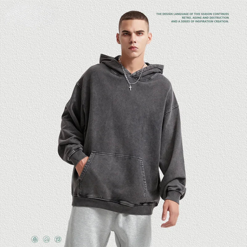 2024 Autumn Winter Men 420gsm Hoodies Streetwears High Street Heavy Weight Washed Cotton Sweatshirts Brand Tracksuit