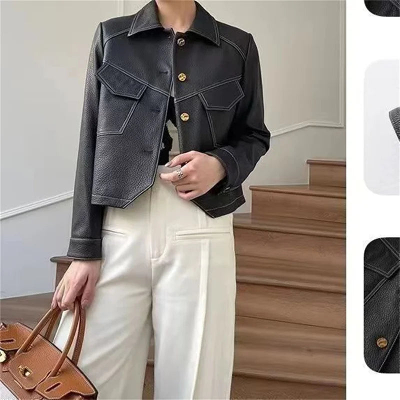 2026 Short PU Leather Coat Women's Spring Autumn New Jacket Ladies Fashion Outerwear Western Style Lapel Overcoat Leather Jacket