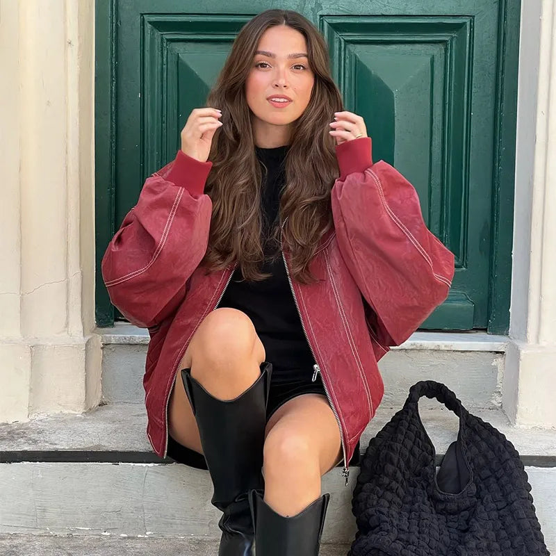 Women Stand Collar Leather Pilot Jacket Red Zipper Cropped Coat Fashion Casual Fashion Outerwear 2026 New Arrival Streetwear