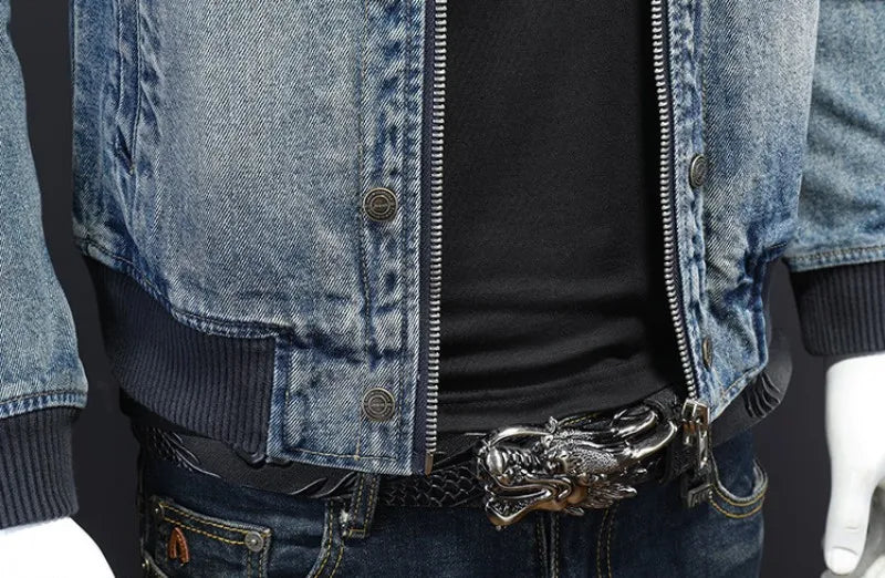 Mens Denim Bomber Jacket Slim Fit Vintage Moto Biker Short Cargo Coat Male Long Sleeve High Street Stand Collar Pilot Jackets