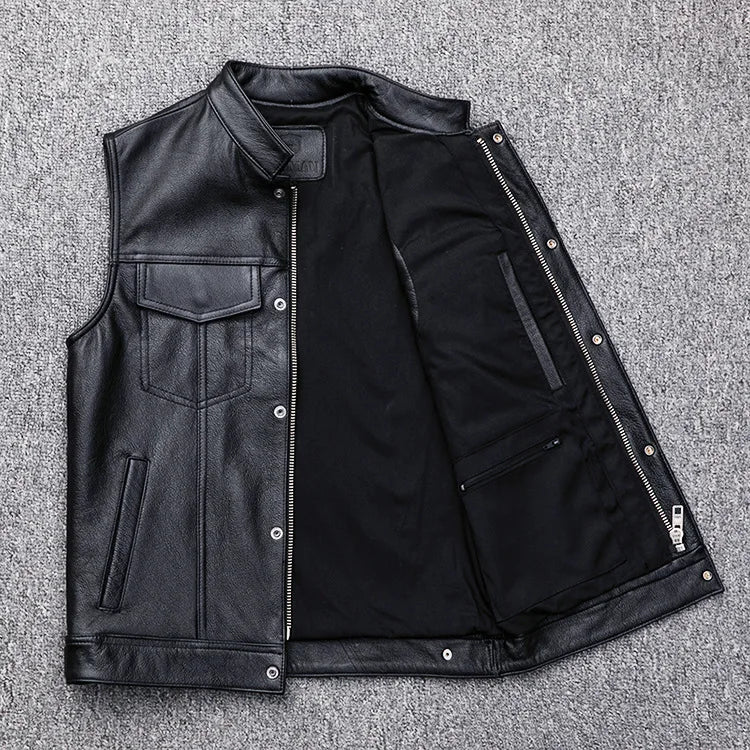Purchase high-quality This year's trend men's leather vest stand up collar single breasted sleeveless outdoor vest punk jacket