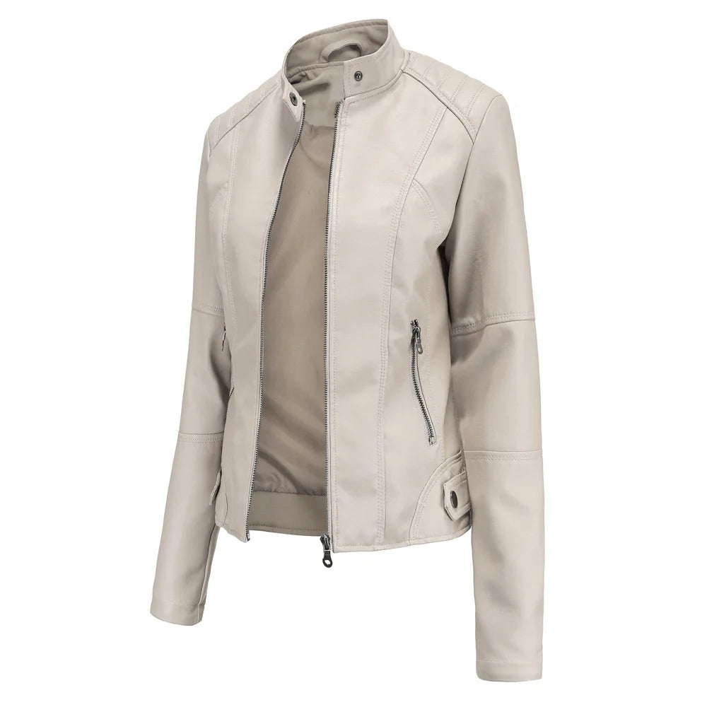 Women's Leather Jacket Women's Slim-Fit Jacket Thin Autumn Jacket Women's Biker Jacket Large Size Standing Collar Leather Jacket