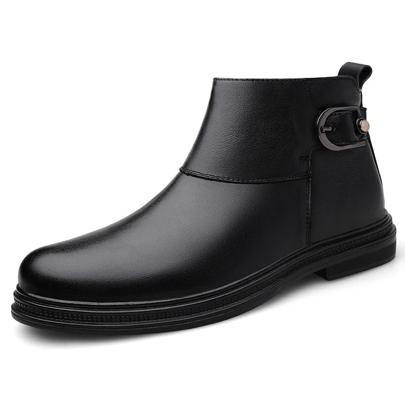 Winter New Fashion Cotton Shoes Men's Plush Genuine Leather Casual Snow Boots Slip on Male Business Footwear Comfy Ankle Boots