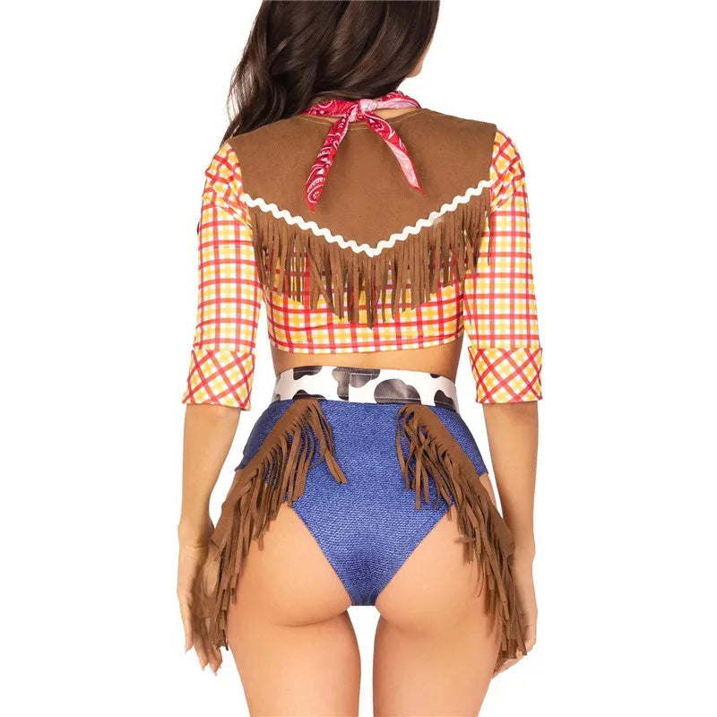 Halloween Women Cowgirl Cosplay Costume Retro Western Plaid Fringe Decor Crop Top Shorts With Bandana Belt Club Party Outfit