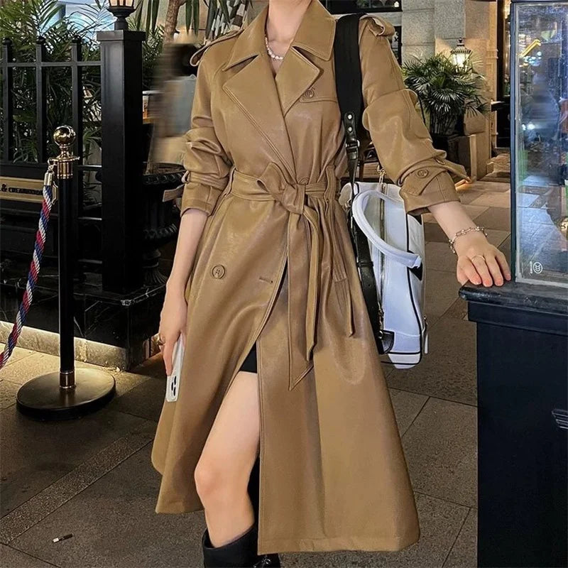 Womens Autumn Classic Double Breasted Long Trench Jacket with Belt Female PU Leather Jacket Lapels Windbreaker Winter Coat for W