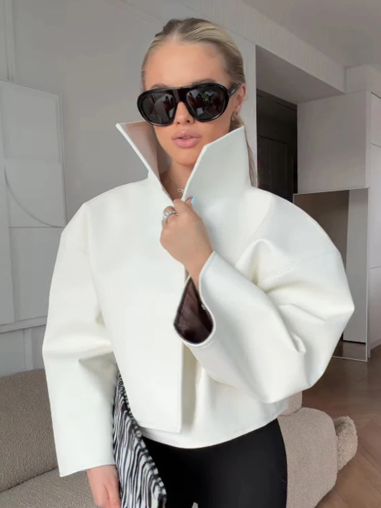 Crocodile Pattern Embossed Short Women Leather Jacket Stand Collar Zipper Long Sleeved Cropped Jackets 2026 Street Daily Outfit