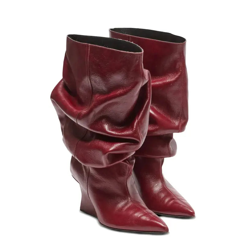 Women's Fashion Pointed Thick Soled Pleated Short Boots, Autumn and Winter Thick Heeled Long Boots, Sexy Runway Women's Boots