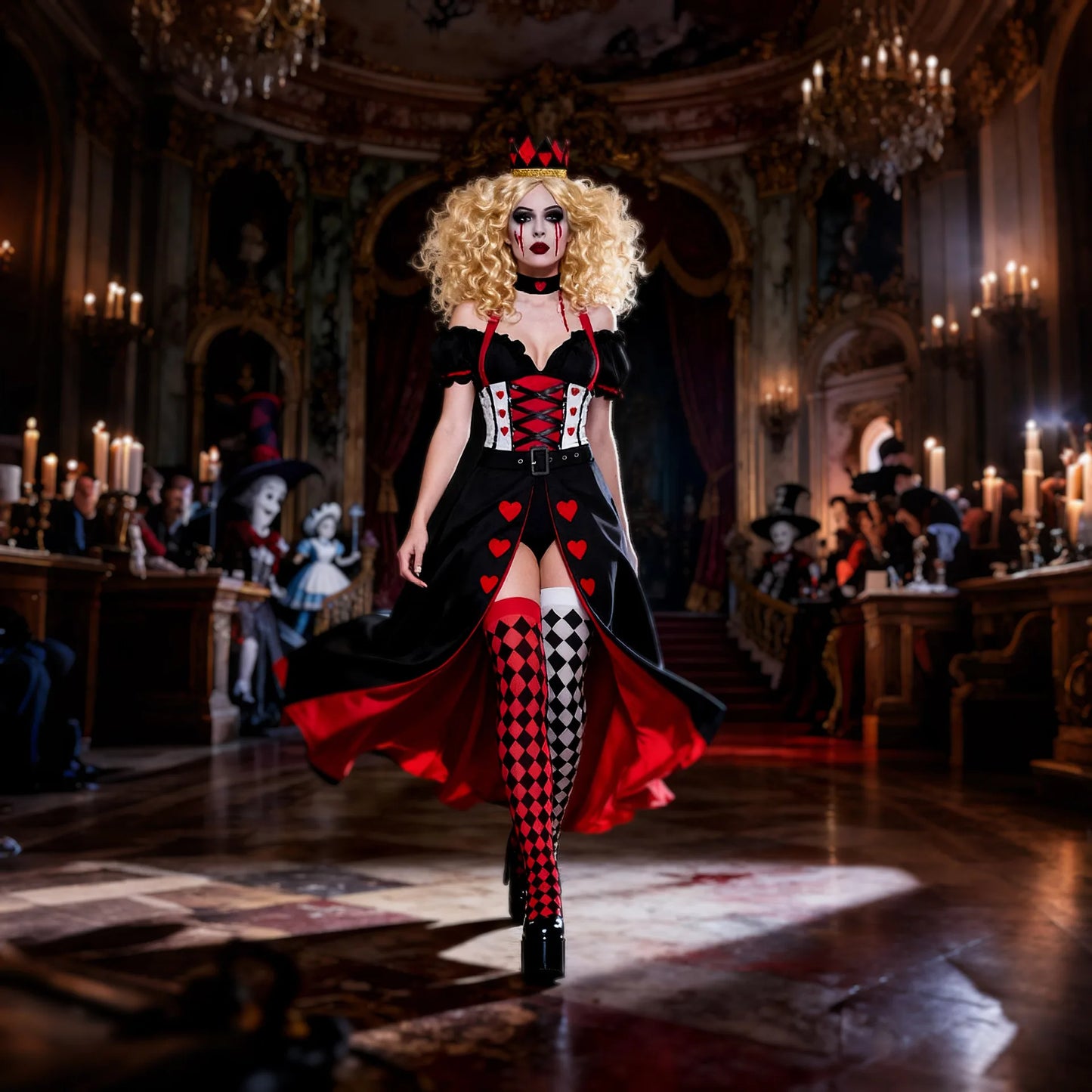 Adult Women Halloween Cosplay Red Heart Princess Queen of Hearts Alice in Wonderland Poker Queen Cosplay Masquerade Costumes