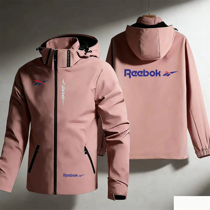 Reebok Logo Men's Waterproof and Windproof Jacket, Lightweight and Minimalist Outerwear, Hooded Outdoor Raincoat, Hiking and Mou
