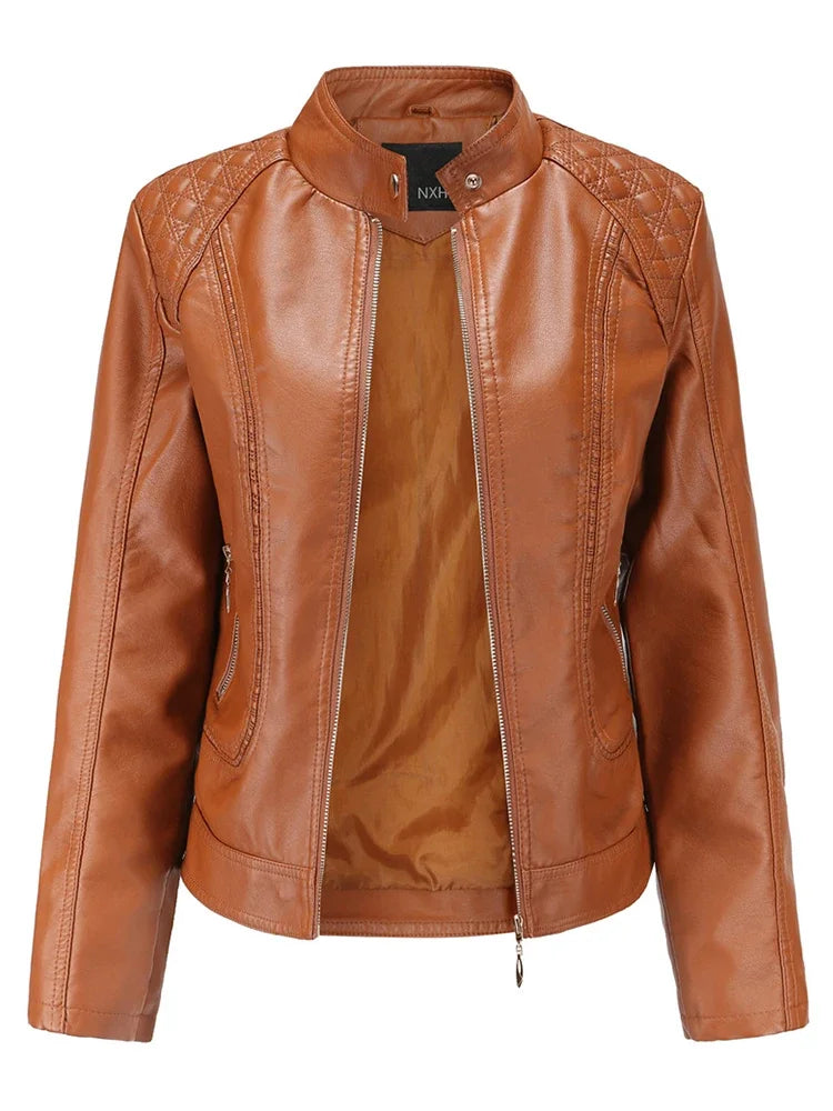 Women's Elegant Stand-up Collar Solid Jacket 2022 Female Three-dimensional Pattern Coat S-4XL New Pu Faux Leather Jacket Women