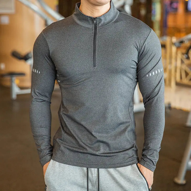 Quick Dry breathable Running Shirt Men Bodybuilding Sport T-shirt Long Sleeve zipper stand collar Gym Fitness T shirt
