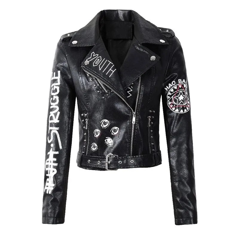 Women's PU Rivet Zipper Jacket, Shoulder Badge, Motorcycle Punk Rock Leather Coat, High Quality, Autumn Purchase