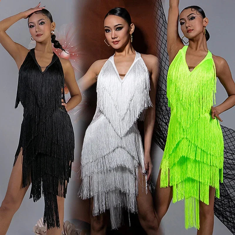 Women Backless Fringe Sexy Black Dress Cha Cha Rumba Samba Tango Dance Costume Prom Wear Latin Dance Copetition Dress