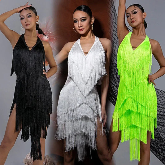 Women Backless Fringe Sexy Black Dress Cha Cha Rumba Samba Tango Dance Costume Prom Wear Latin Dance Copetition Dress
