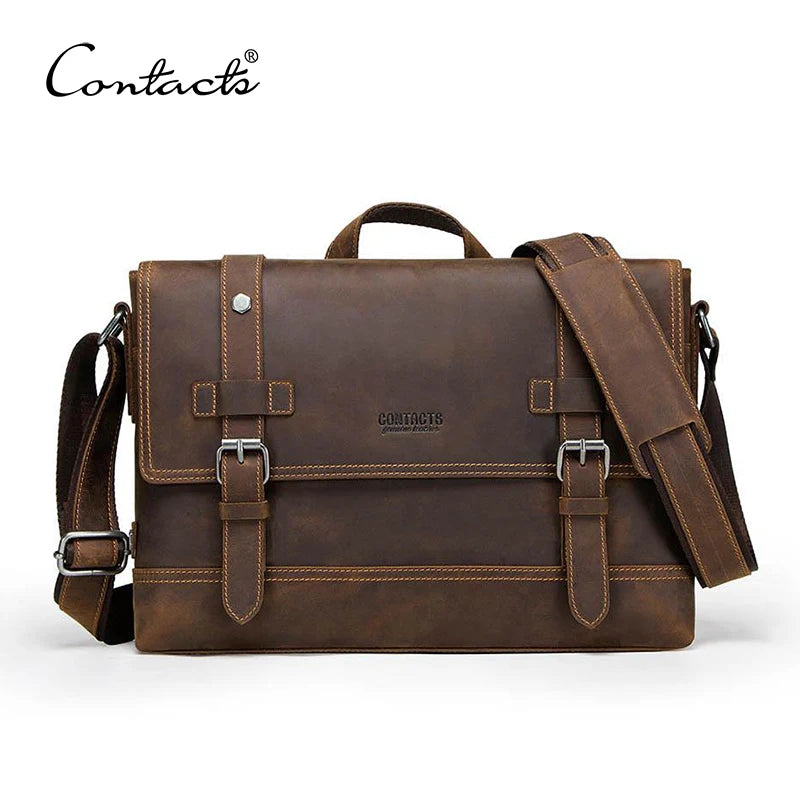 CONTACT'S crazy horse genuine leather men's bag vintage man shoulder bags for laptop messenger bags male bolsa crossbody handbag