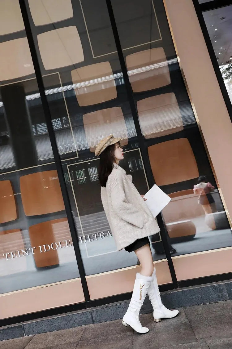Winter Warm Knee High Boots Women Platform Wedges High Heels Snow Boots Slip on Winter Ladies Shoes White Black Pink 2025