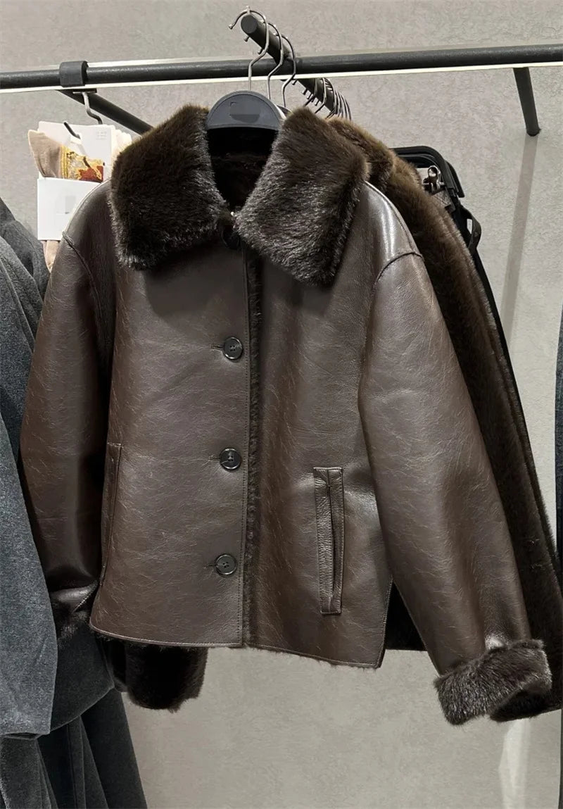 Women's Jacket 2025 Autumn/Winter New Arrivals Dark Brown Long-Sleeve Faux Leather Reversible Jacket Stylish and Unique