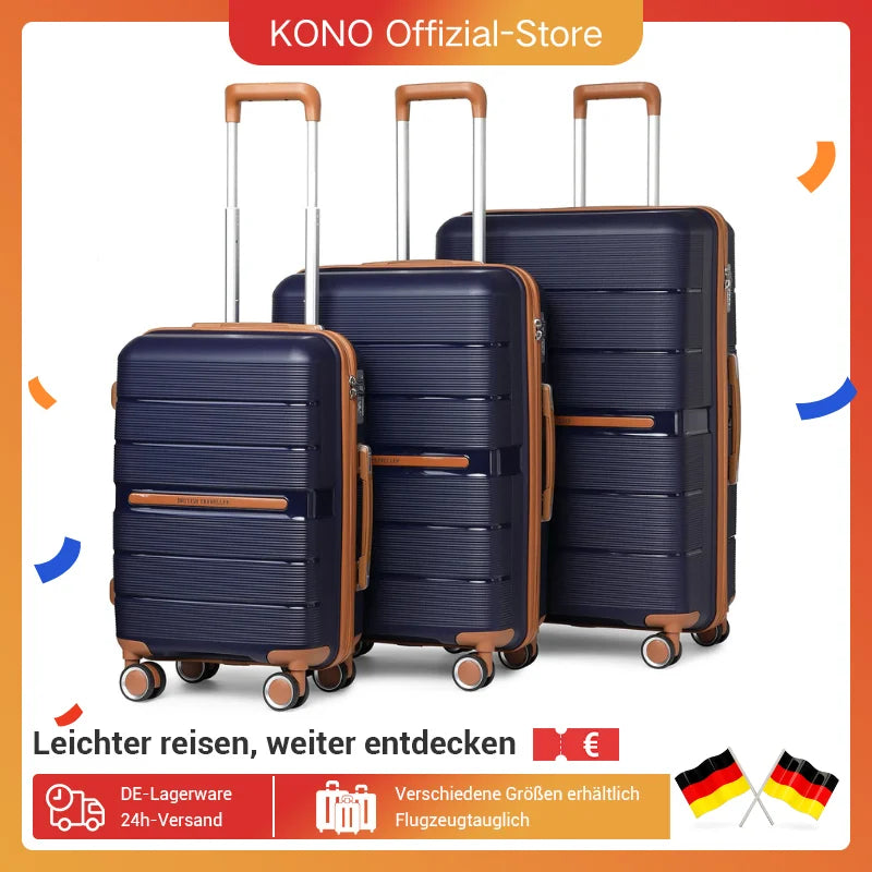 British Traveller 3 Piece Case Set 100% PP 8 Spinner Wheels TSA Lock Hard-Shell hand luggage Dark Blue