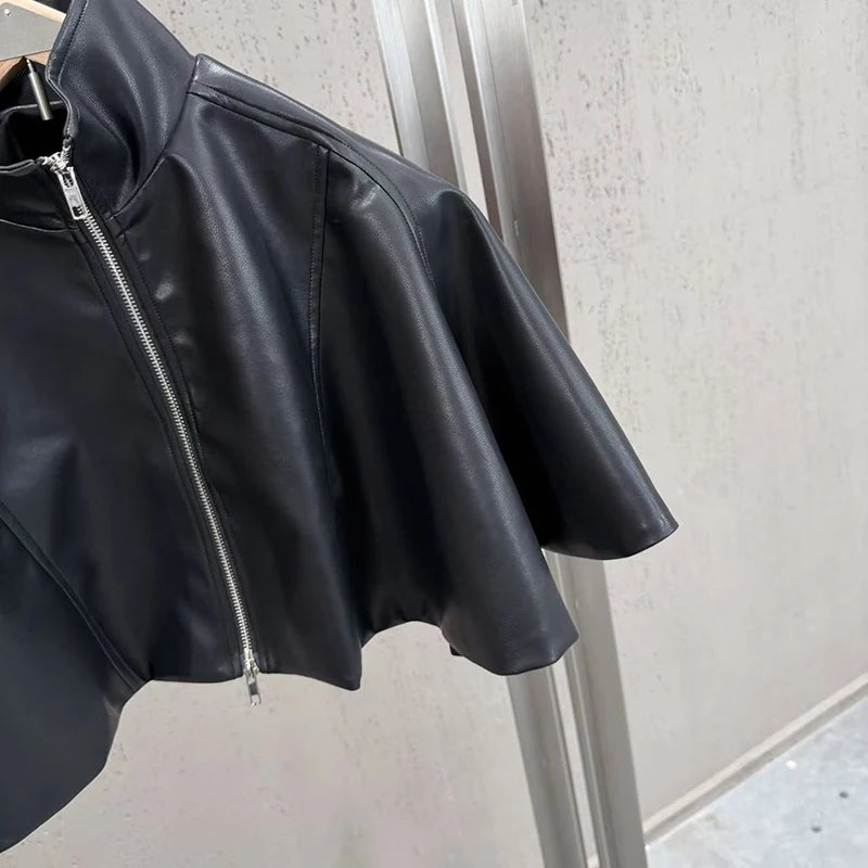 KUCLUT 2026 Autumn Stand Collar Cape With Ruffles Puffy PU Leather Jacket For Women Short Zipper Motorcycle Style Coat 1A4196
