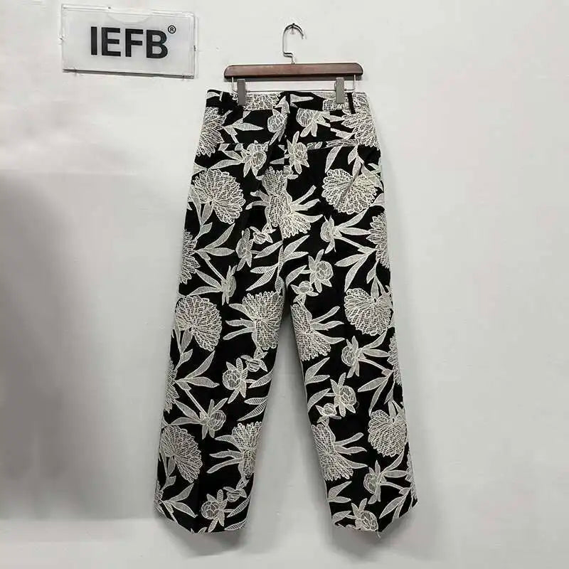IEFB Niche Design Men's Two-piece Collarless Embroidery Blazer Loose Straight Suit Pants Contrast Color Male Sets New 9C7485