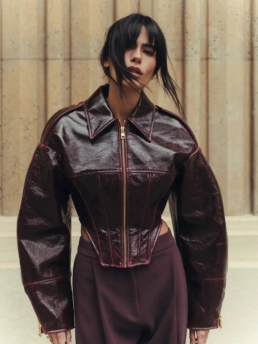 Fashion Coated Cinched-waist Leather Jacket Women Retro Lapel Full Sleeve Zipper Fishbone Coats 2026 Lady Daily Highstreet Coat