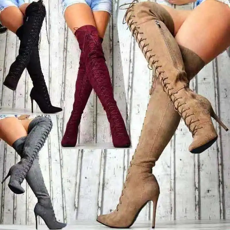Women's Boots Pointed Toe Over The Knee Boots Autumn Winter Sexy High Heels Solid Color Casual Boot Lace Up Stiletto Long Boots